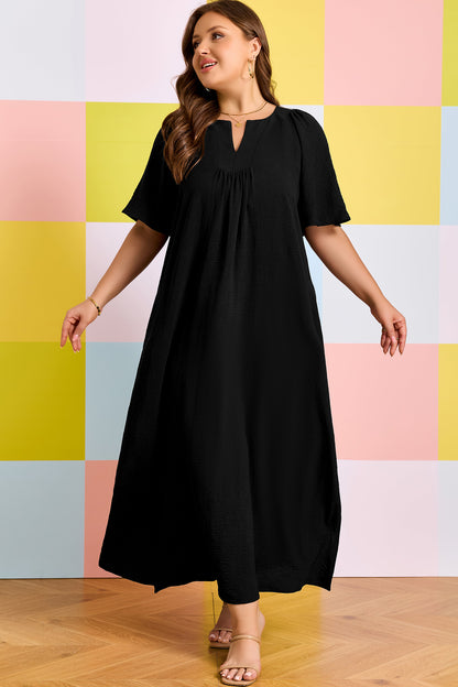 Black Plus Size Solid Color Notched Neck Short Sleeve Loose Dress - Cowaa