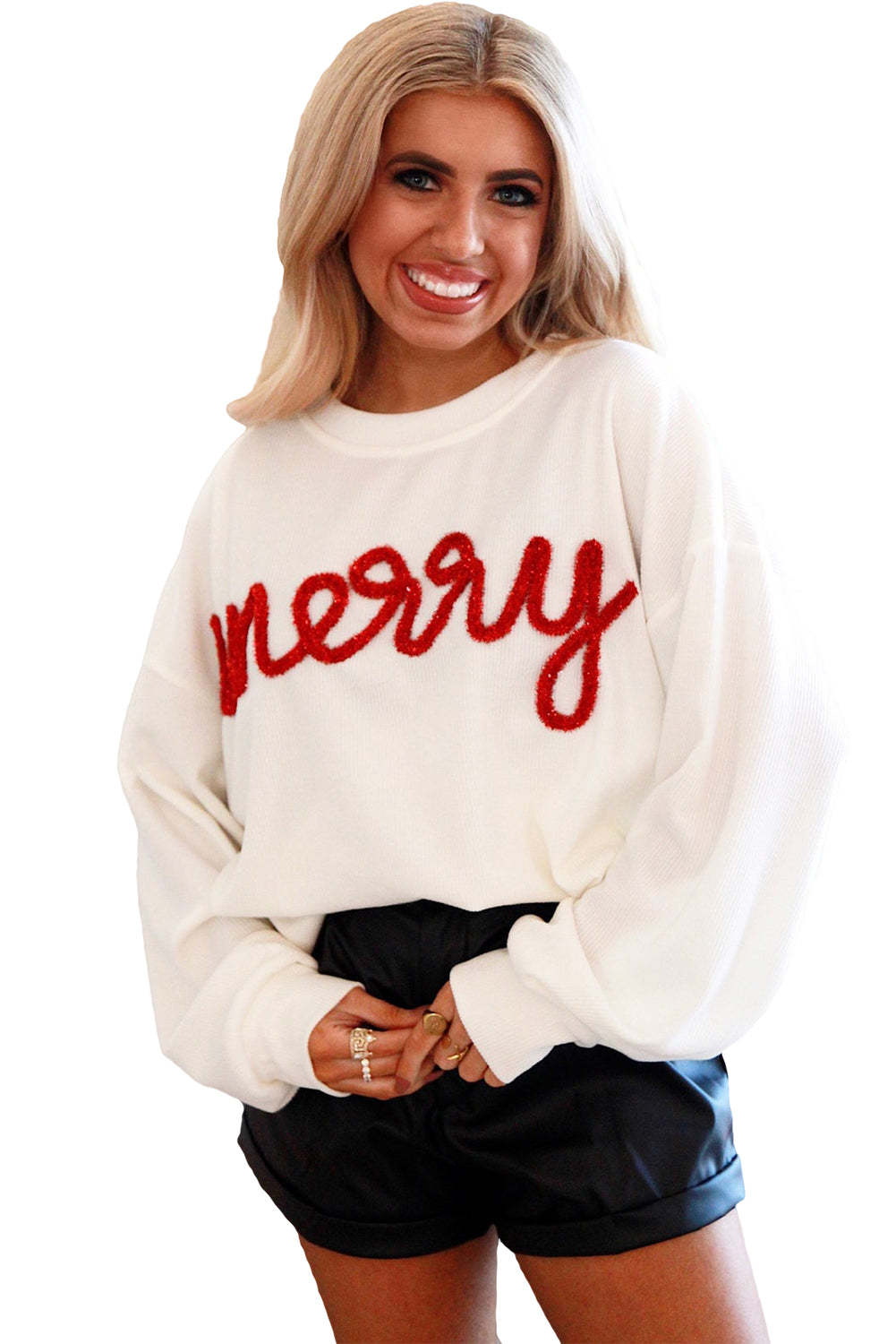 White Merry Tinsel Letter Pattern Ribbed Drop Shoulder Sweatshirt