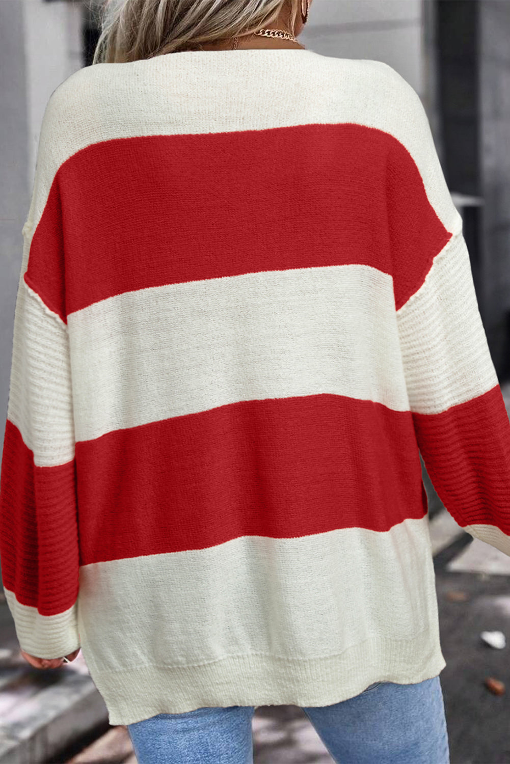 Red Stripe Colorblock V Neck Side Slits Sweater - Cowaa