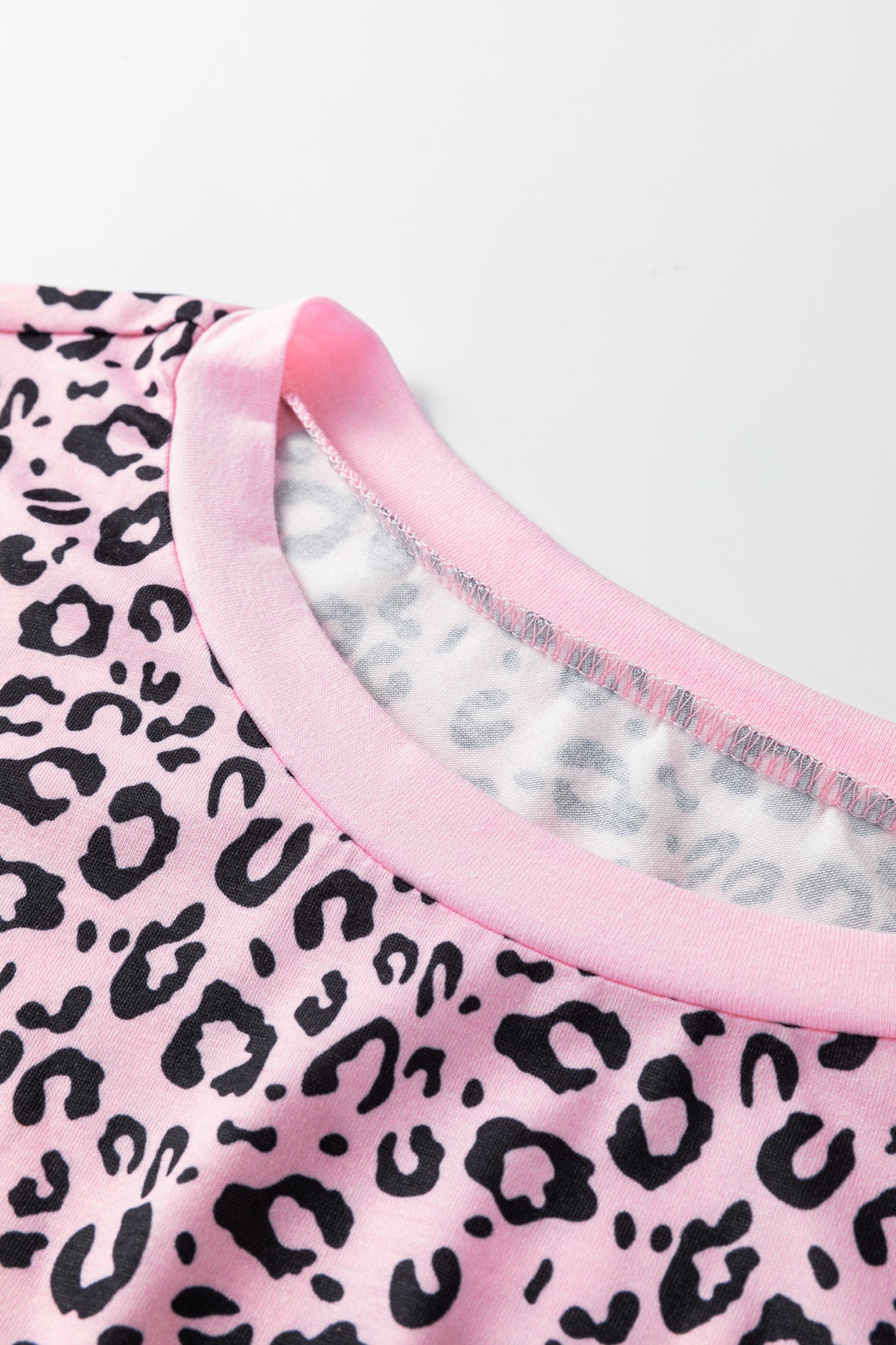 Pink Leopard Striped Patchwork Side Slit Loose Short Sleeve Top - Cowaa