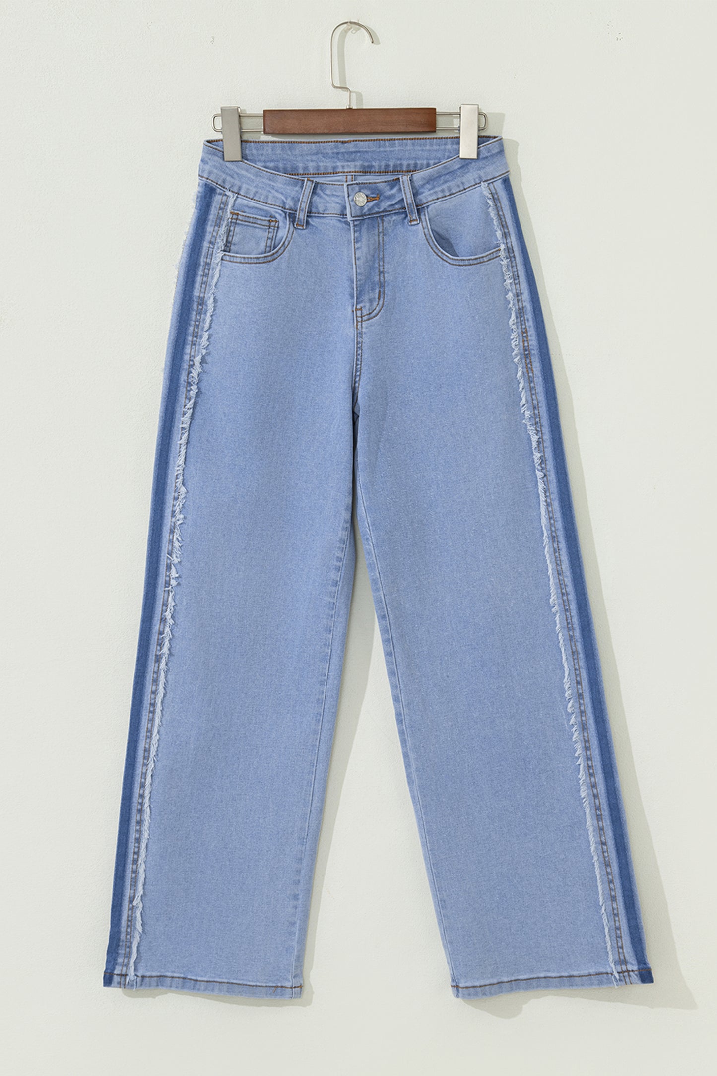 Beau Blue Contrast Stripe Frayed Side Panel Patchwork Shift Jeans - Cowaa