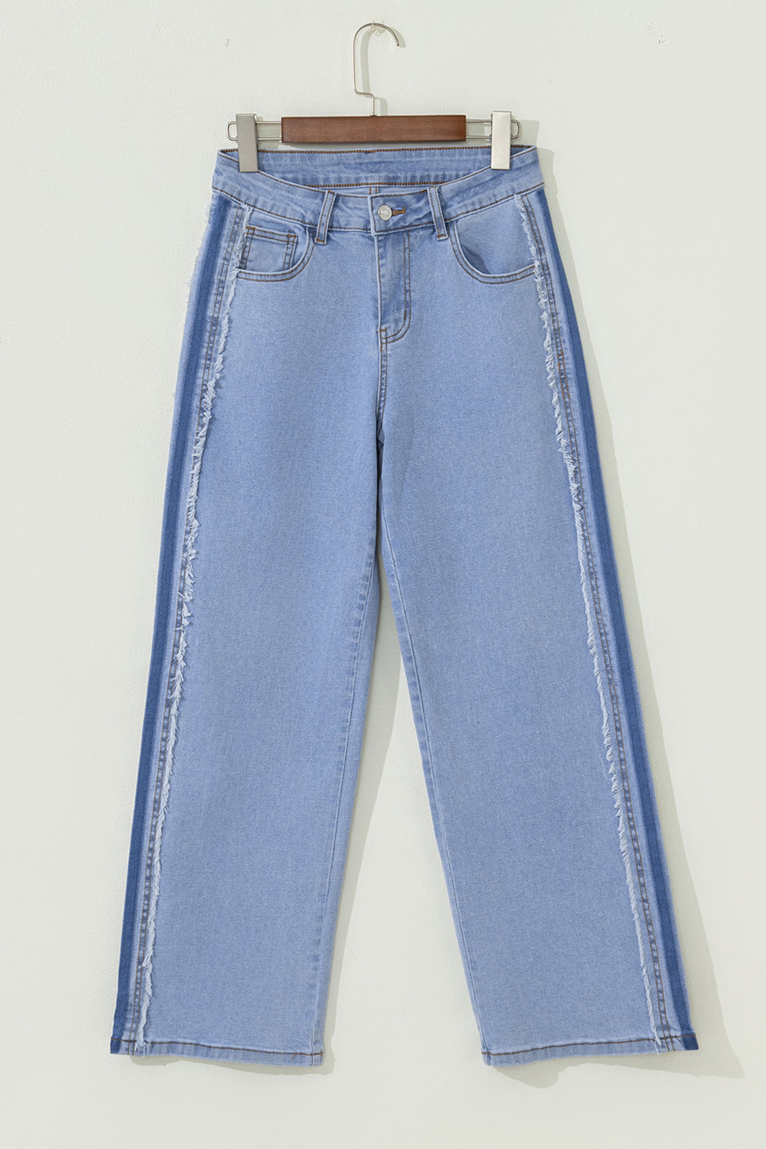 Beau Blue Contrast Stripe Frayed Side Panel Patchwork Shift Jeans - Cowaa