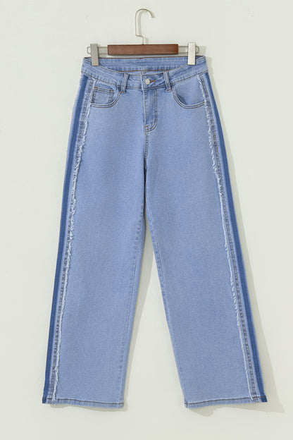 Beau Blue Contrast Stripe Frayed Side Panel Patchwork Shift Jeans - Cowaa