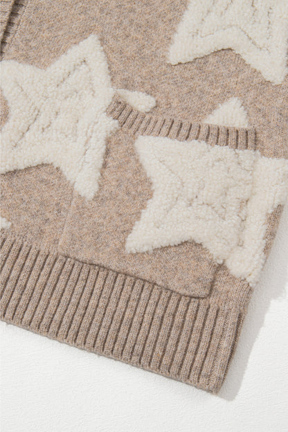 Khaki Star Pattern Pockets Button Front Cardigan - Cowaa