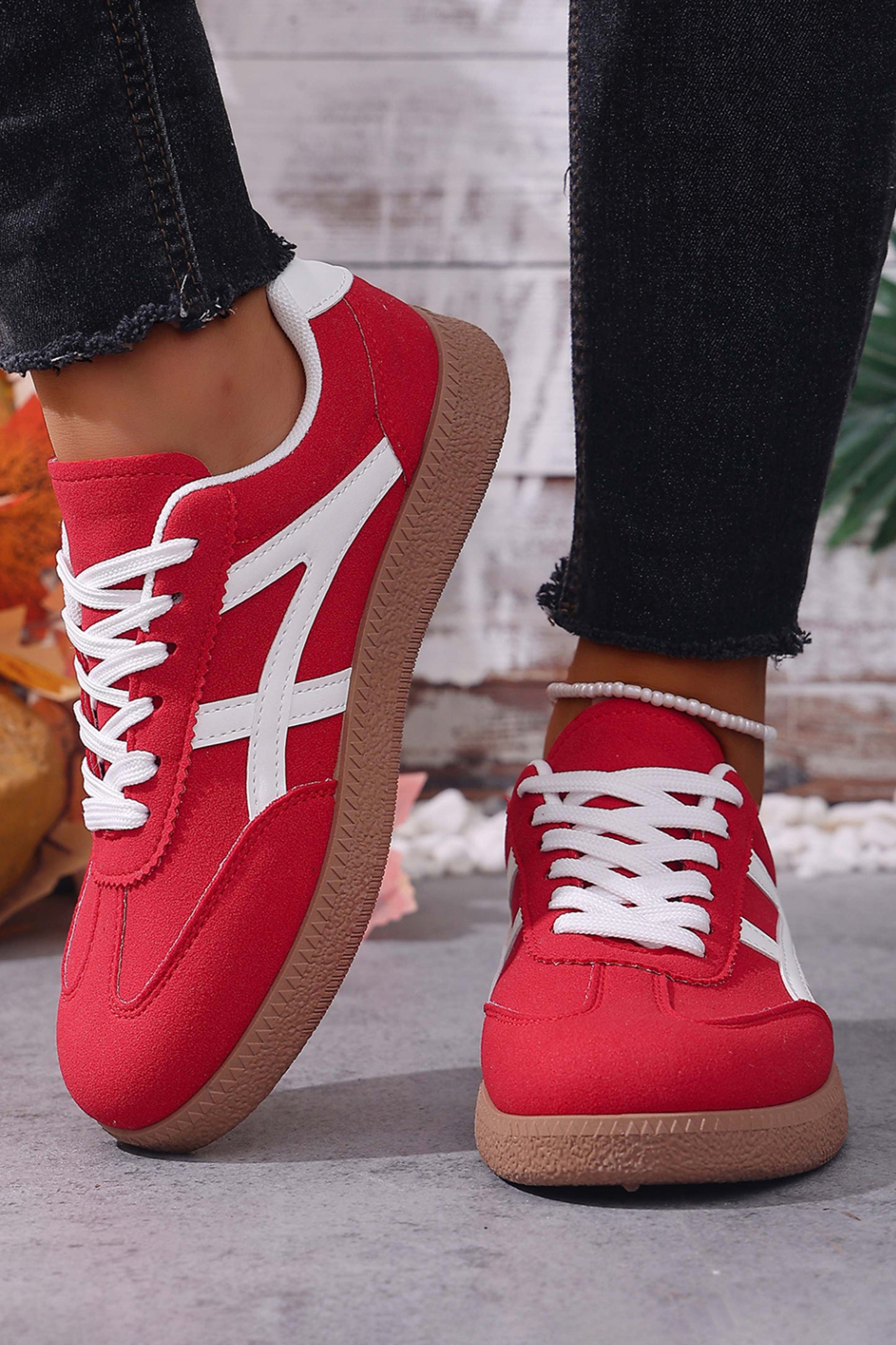 Racing Red Faux Suede Contrast Patchwork Detail Lace Up Flat Sneakers - Cowaa