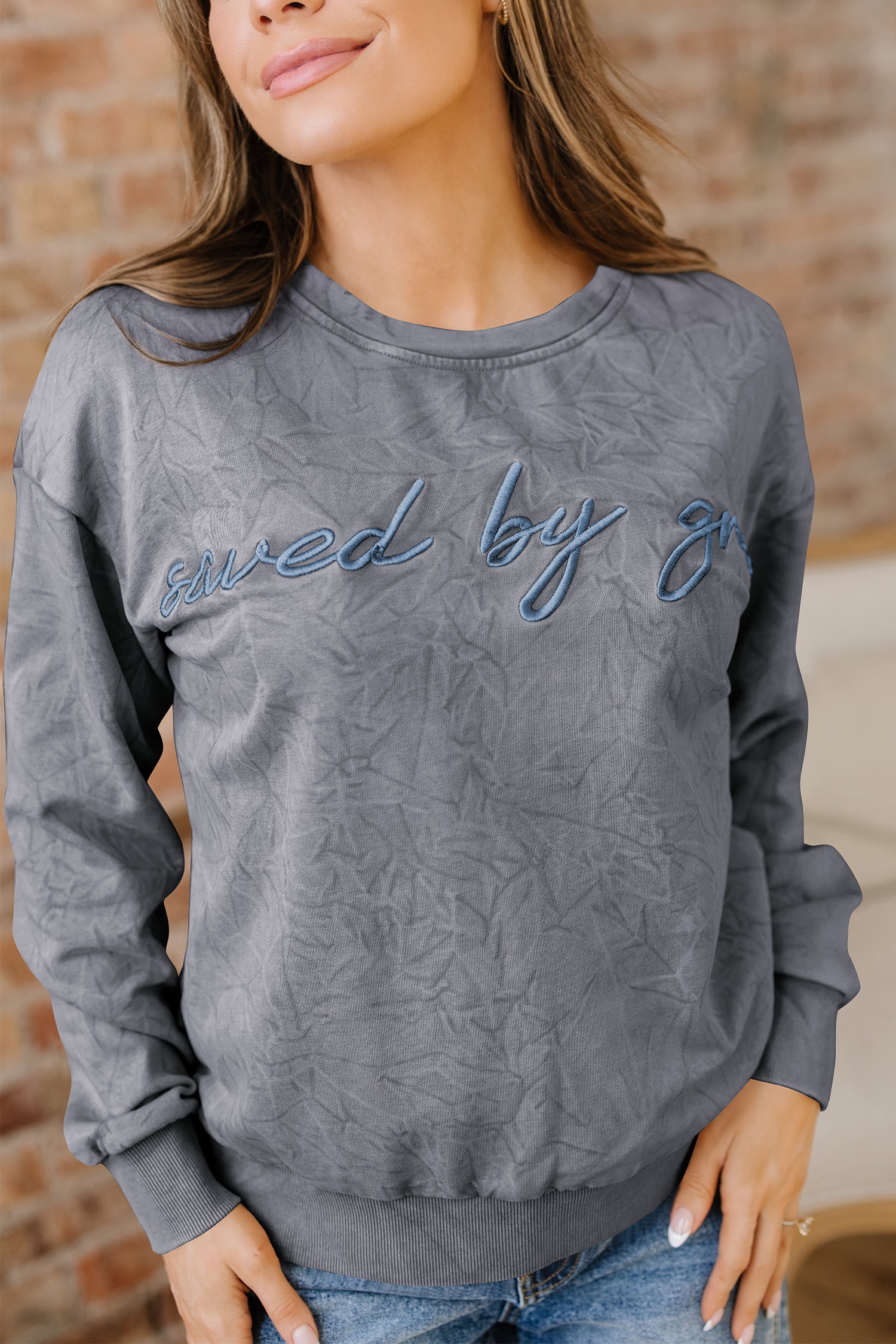 High-rise saved by grace Letter Embroidery Mineral Wash Loose Sweatshirt - Cowaa
