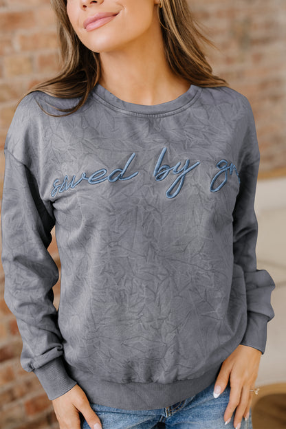 High-rise saved by grace Letter Embroidery Mineral Wash Loose Sweatshirt - Cowaa
