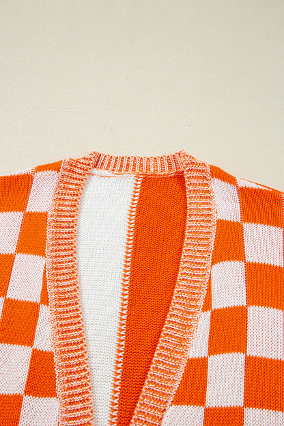 Brown Checkered Open Front Drop Shoulder Cardigan