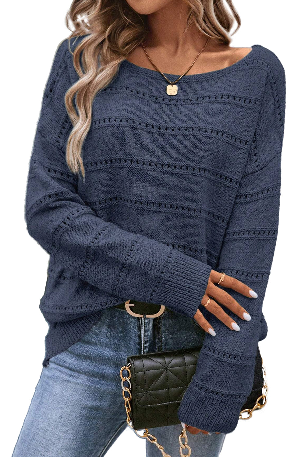 Boat Neck Drop Shoulder Pointelle Knit Sweater - Cowaa