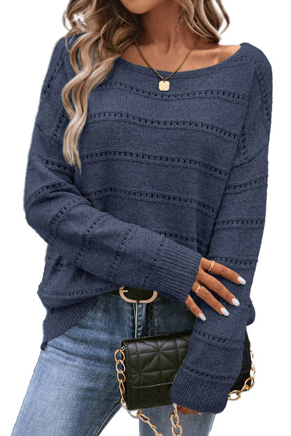 Boat Neck Drop Shoulder Pointelle Knit Sweater - Cowaa