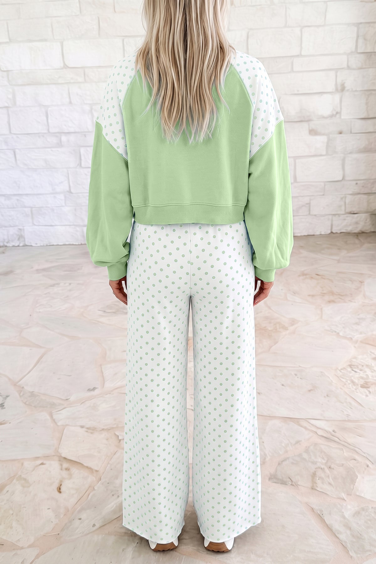 Light Blue Polka Dot Patchwork Colorblock Long Sleeve Casual Two Piece Pants Set