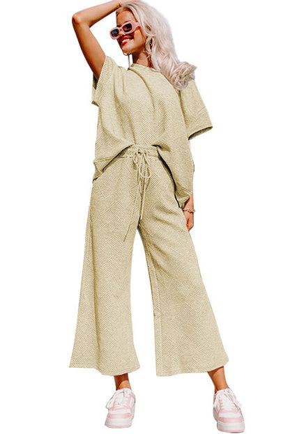 Navy Blue Textured Loose Fit T Shirt and Drawstring Pants Set - Cowaa