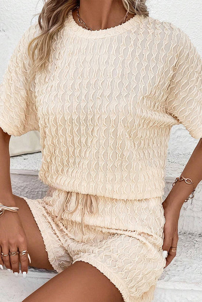 Beige Textured Tee & Drawstring Shorts Set - Cowaa
