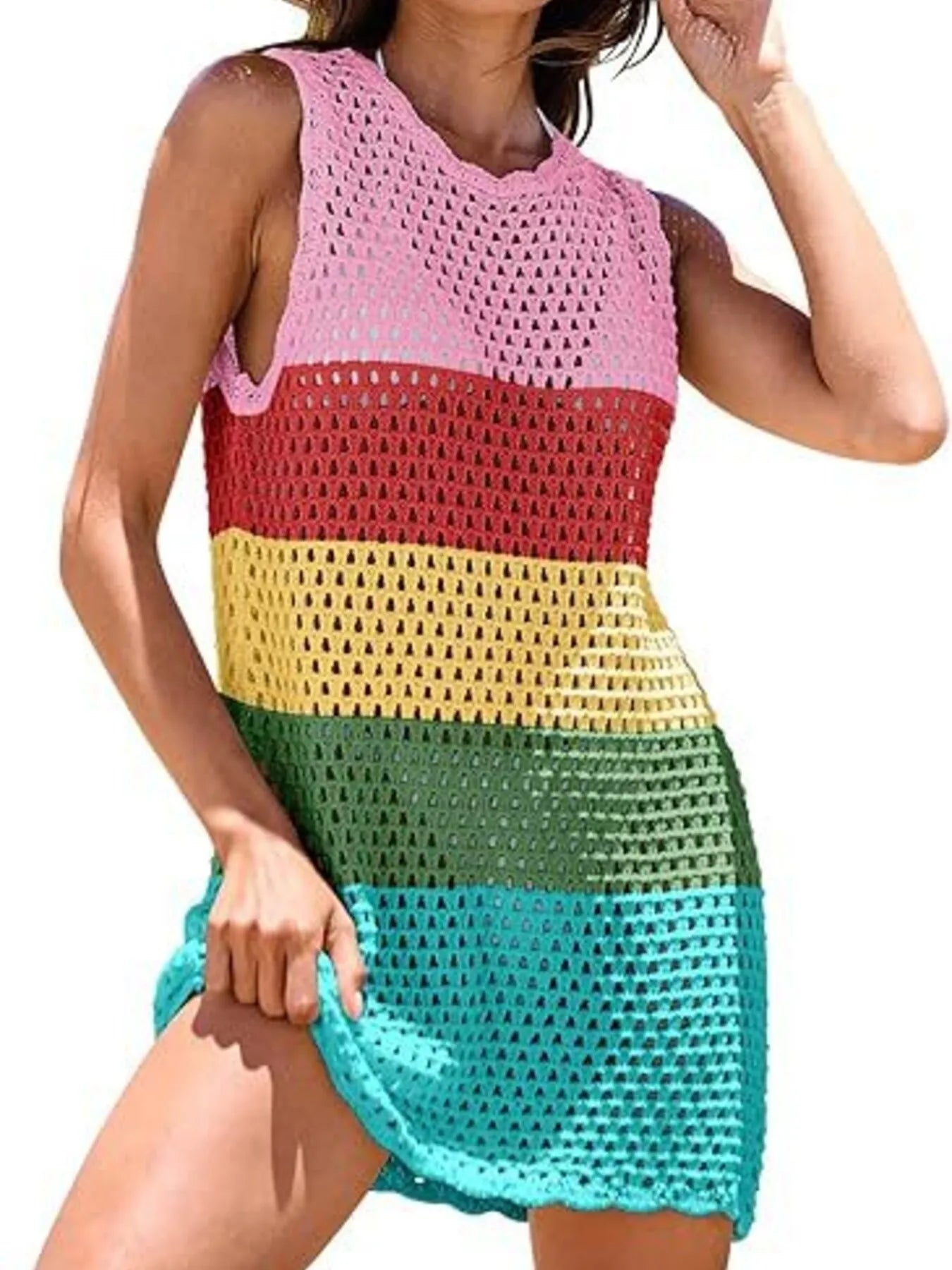 Color Block Openwork Sleeveless Cutout Back Cover-Up.