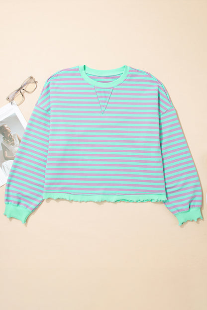 Green Stripe Exposed Seam Contrast Ribbed Trim Oversize Sweatshirt