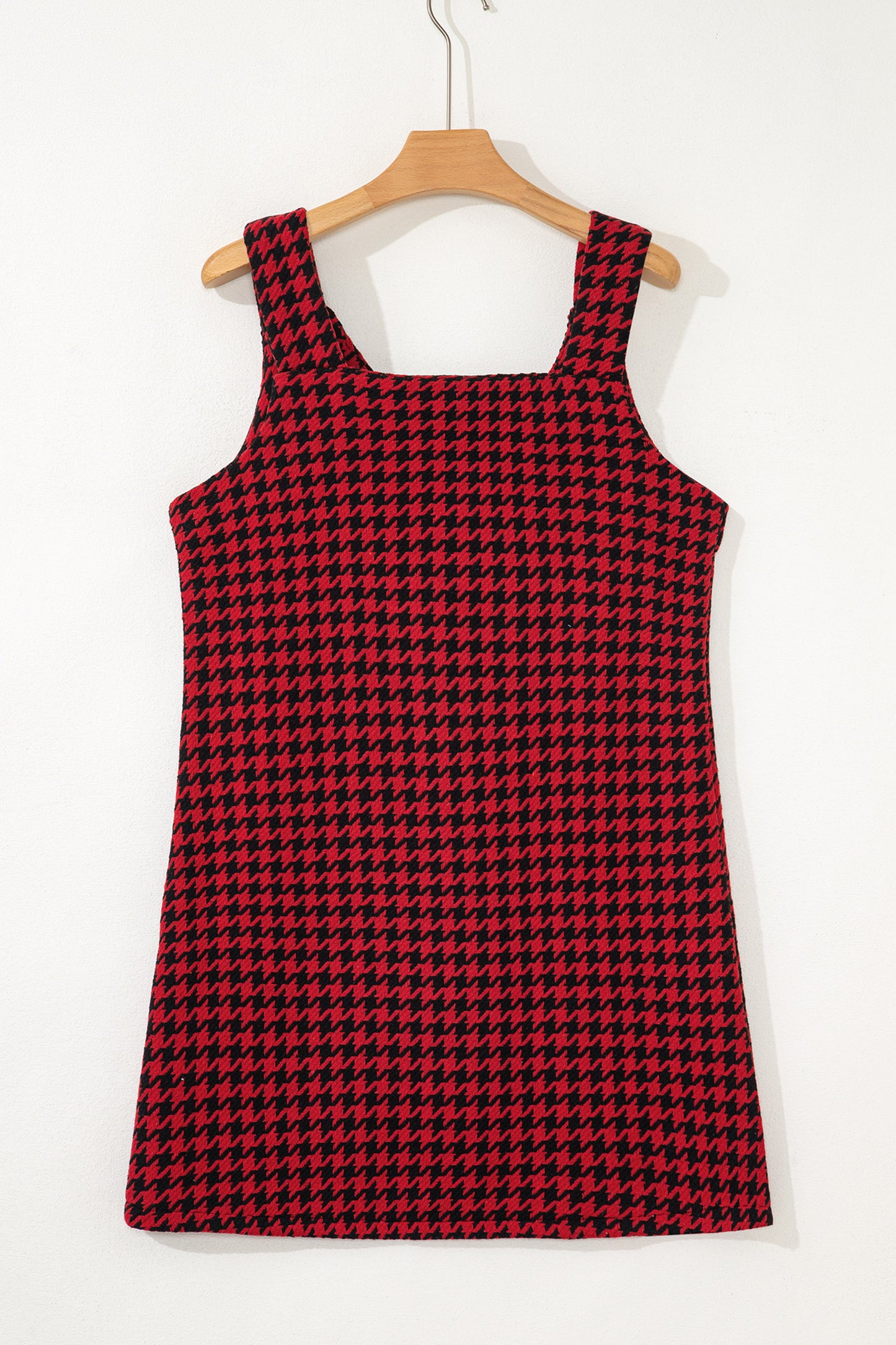 Red Houndstooth Print V Neck Sleeveless Mini Dress - Cowaa