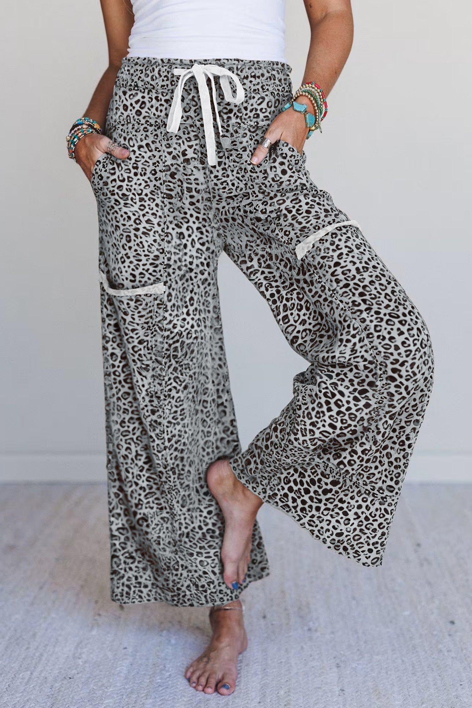 Khaki Animal Print Wide Leg Terry Knit Pants - Cowaa
