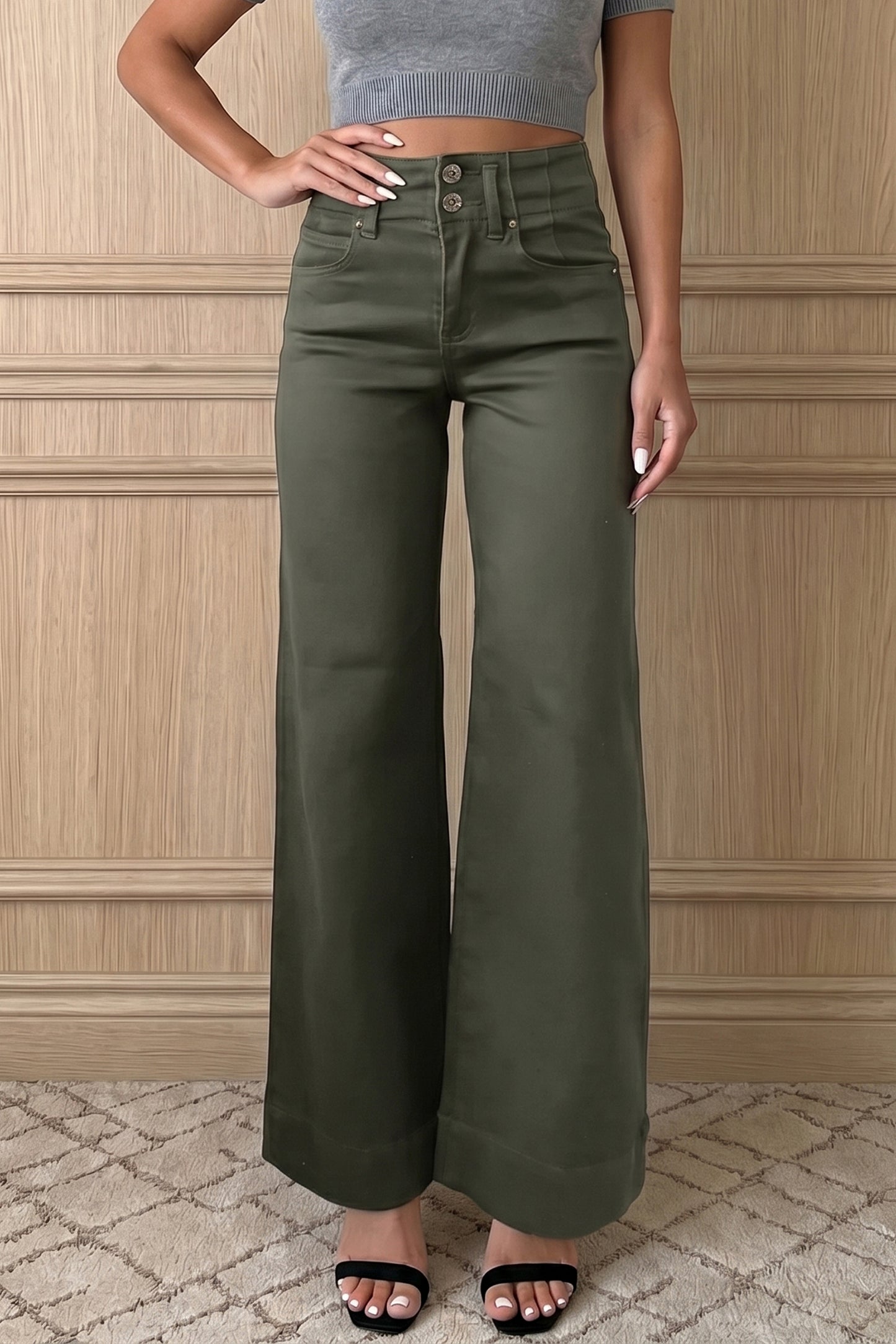 Mist Green 2-Button High Waist Flared Bottom Jeans - Cowaa