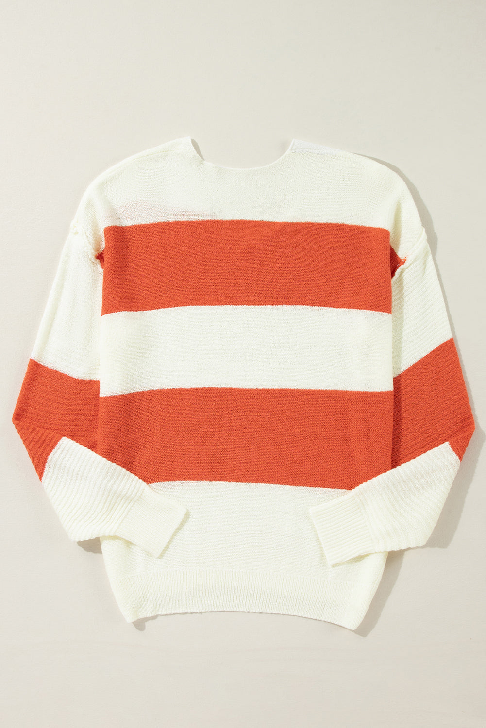 Red Stripe Colorblock V Neck Side Slits Sweater - Cowaa