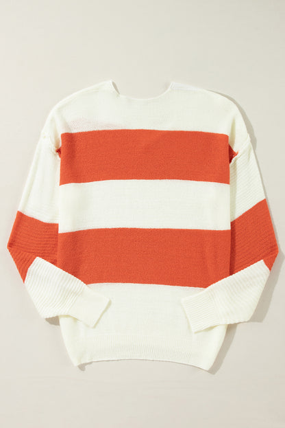 Red Stripe Colorblock V Neck Side Slits Sweater - Cowaa