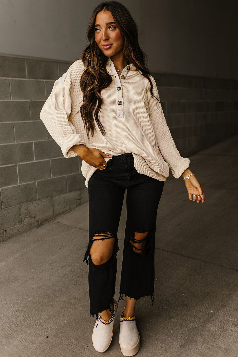 Pink Waffle Patchwork Drop Sleeve Henley Top - Cowaa