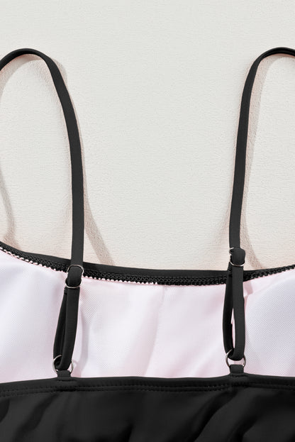 Black Striped Patchwork Spaghetti Strap High Waist Bikini Set - Cowaa