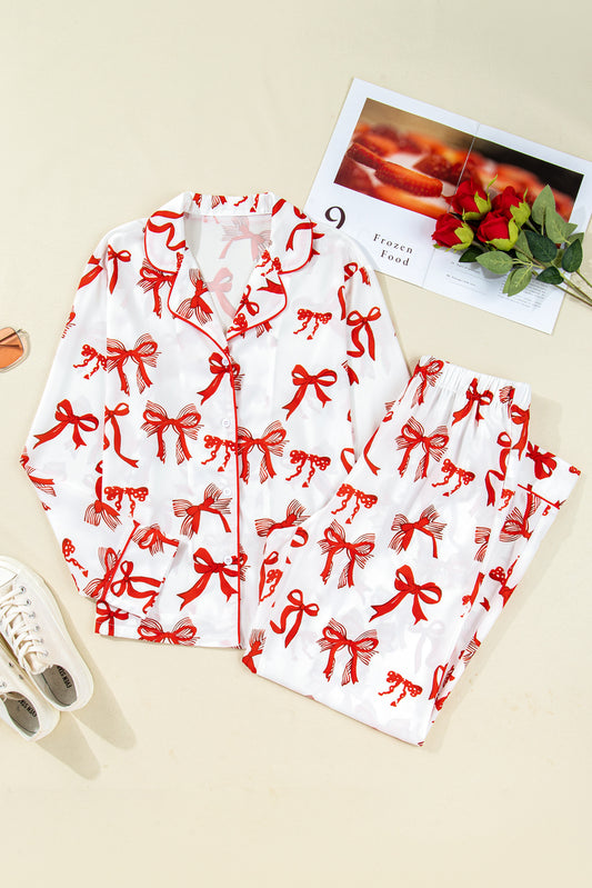 Red Christmas Bow Print Long 2pcs Pajama Set - Cowaa