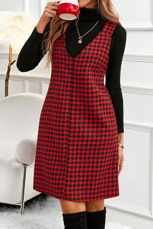 Red Houndstooth Print V Neck Sleeveless Mini Dress