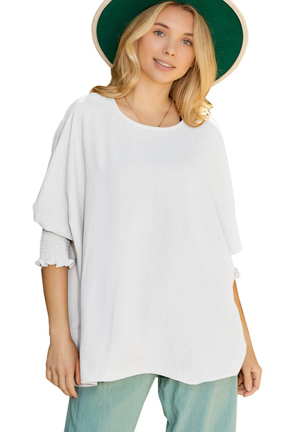 Apricot Solid Casual Smocked Cuffs Batwing Sleeve Blouse - Cowaa