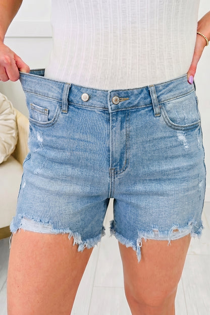 Sail Blue Asymmetric Raw Hem Distressed Whiskery Denim Shorts