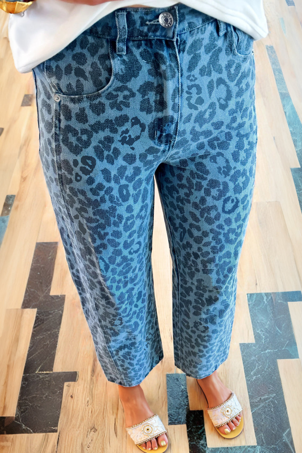 Khaki Leopard Print Straight Loose Jeans - Cowaa