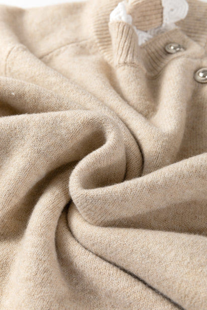 Parchment Button Lace Detail Raglan Sleeve Shift Mini Sweater Dress - Cowaa