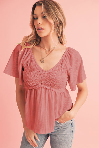 Oatmeal Shirred V Neck Short Flutter Sleeve Textured Blouse - Cowaa