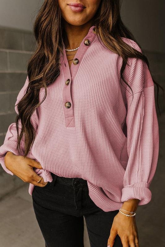 Pink Waffle Patchwork Drop Sleeve Henley Top - Cowaa