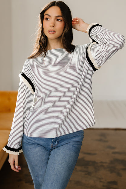 White Stripe Contrasted Ruffle Trim Loose Long Sleeve Top - Cowaa