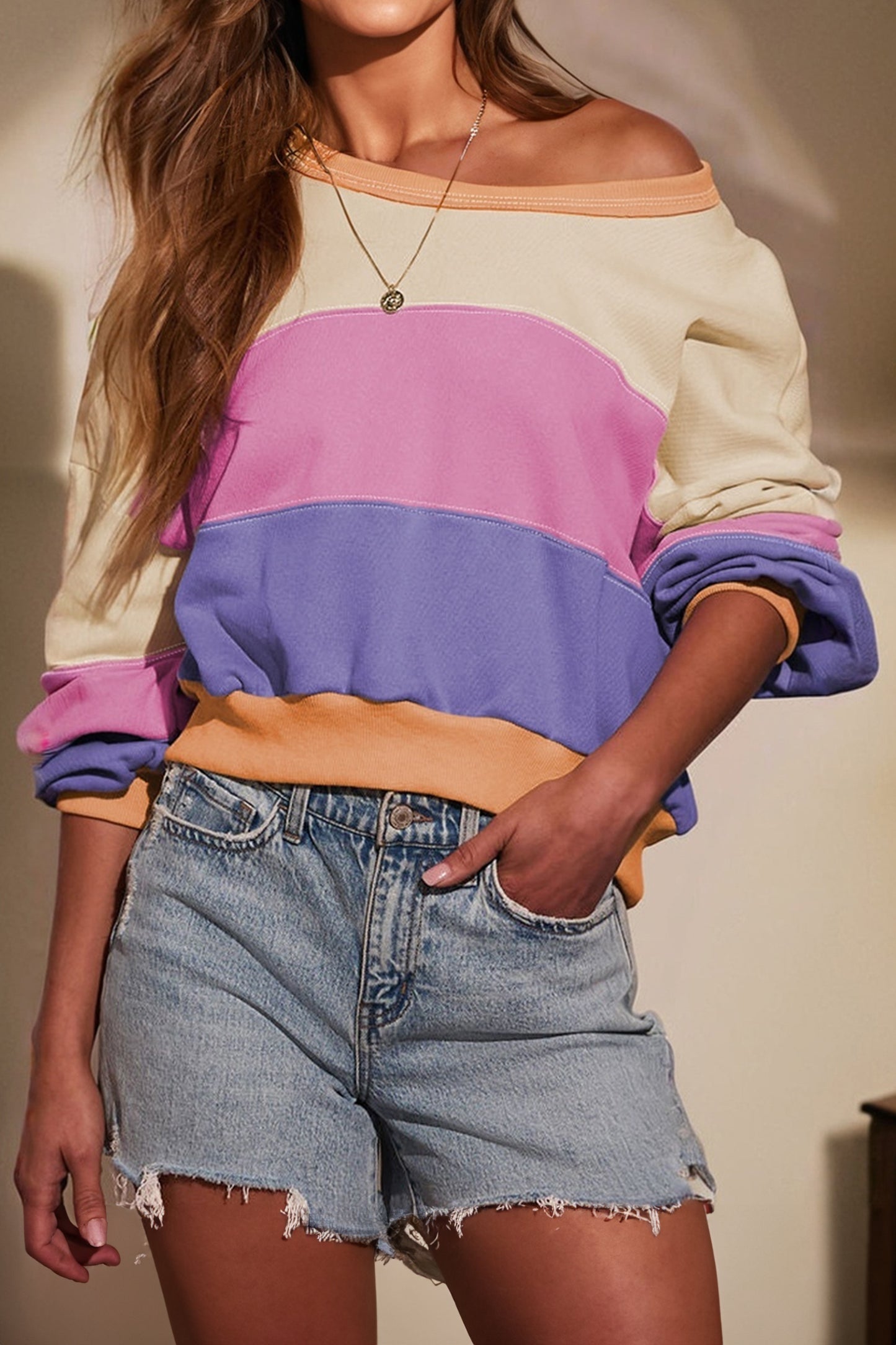 Phalaenopsis Color Block Patchwork Drop Shoulder Cropped Sweatshirt