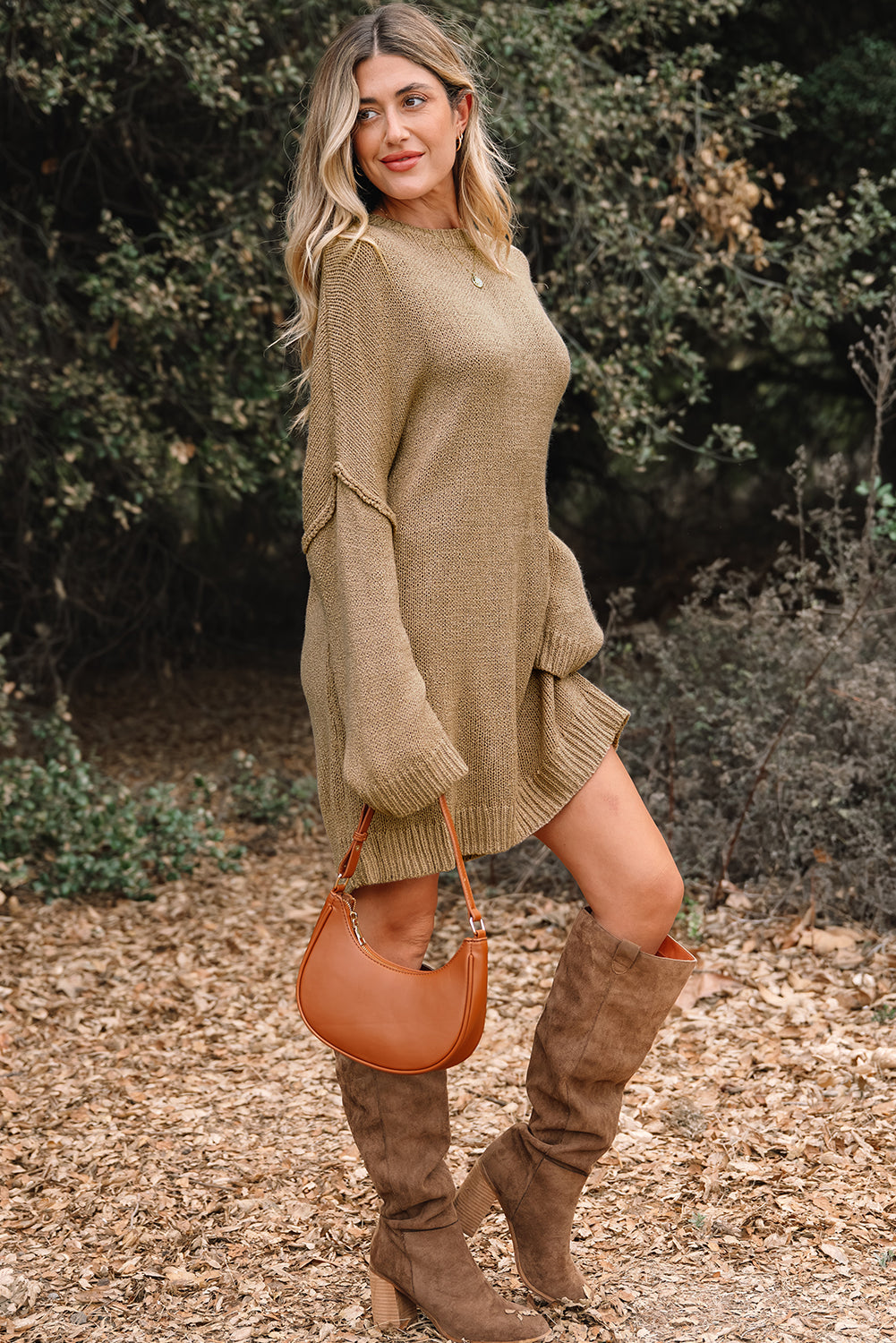 Pale Khaki Oversize Drop Shoulder Slouchy Sweater Dress - Cowaa