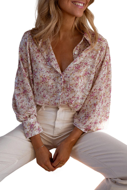 Pink Ditsy Floral Print Bishop Sleeve Collared V Neck Shirt - Cowaa