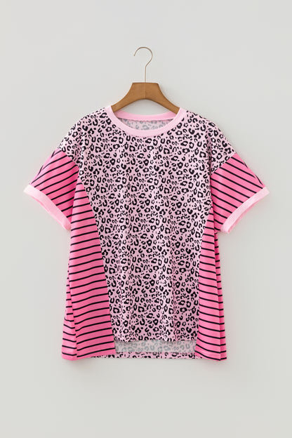 Pink Leopard Striped Patchwork Side Slit Loose Short Sleeve Top - Cowaa