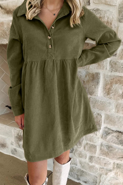 Vineyard Green Corduroy Half Button Collared Long Sleeve Mini Dress - Cowaa