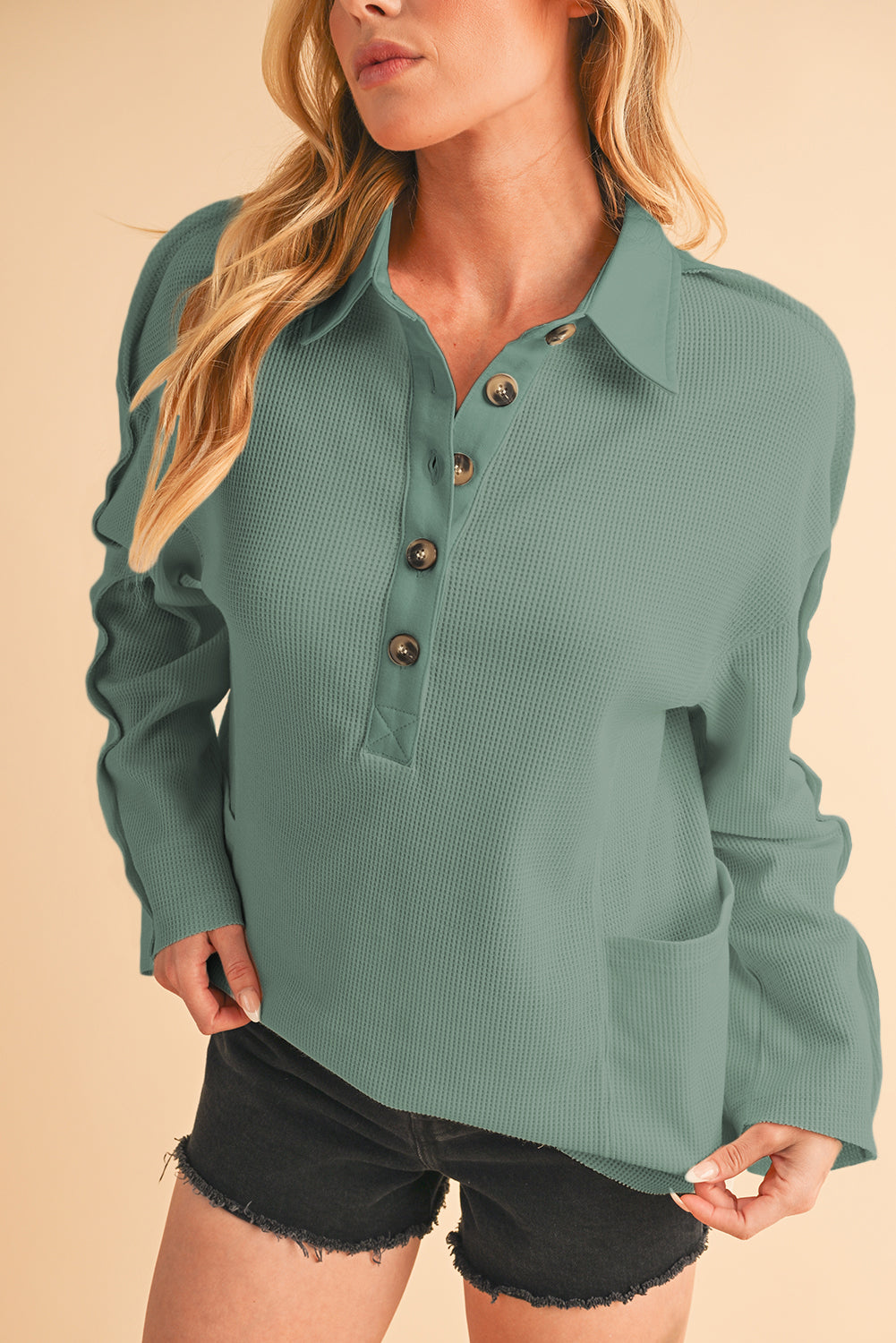 Pink Waffle Patchwork Drop Sleeve Henley Top - Cowaa