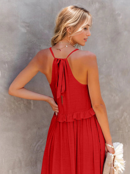 Ruffled Sleeveless Tiered Maxi Dress with Pockets - Cowaa