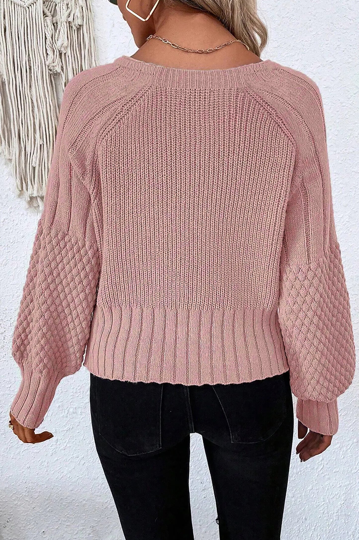 Light Pink Mixed Texture Knit Button V Neck Sweater Cardigan - Cowaa