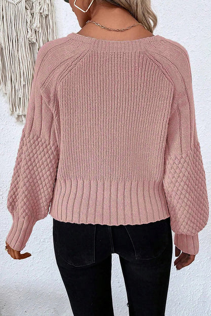 Light Pink Mixed Texture Knit Button V Neck Sweater Cardigan - Cowaa