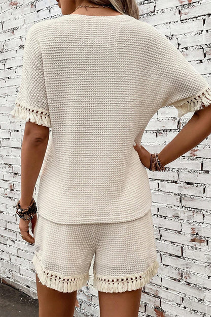 Beige Fringe Trim Waffle Knit Textured Shorts Set - Cowaa