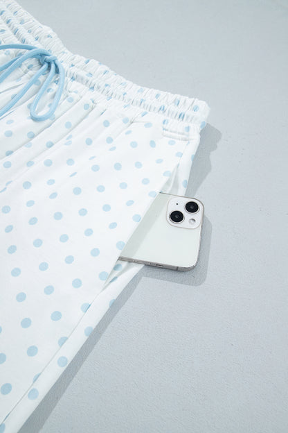 Light Blue Polka Dot Patchwork Colorblock Long Sleeve Casual Two Piece Pants Set