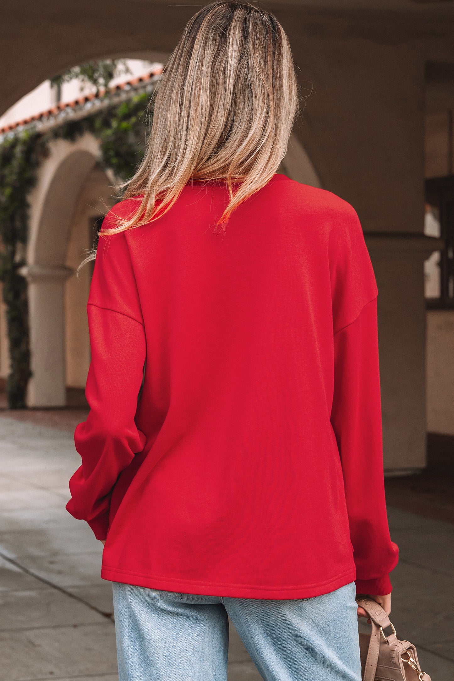 Fiery Red Plaid Frayed Double Christmas Tree Patched Drop Shoulder Sweatshirt - Cowaa