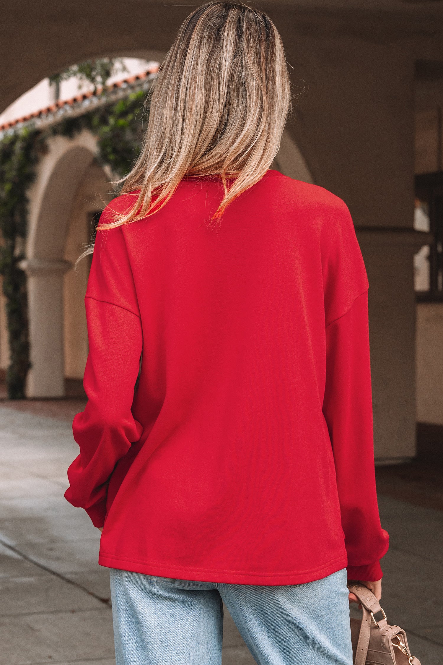 Fiery Red Plaid Frayed Double Christmas Tree Patched Drop Shoulder Sweatshirt - Cowaa