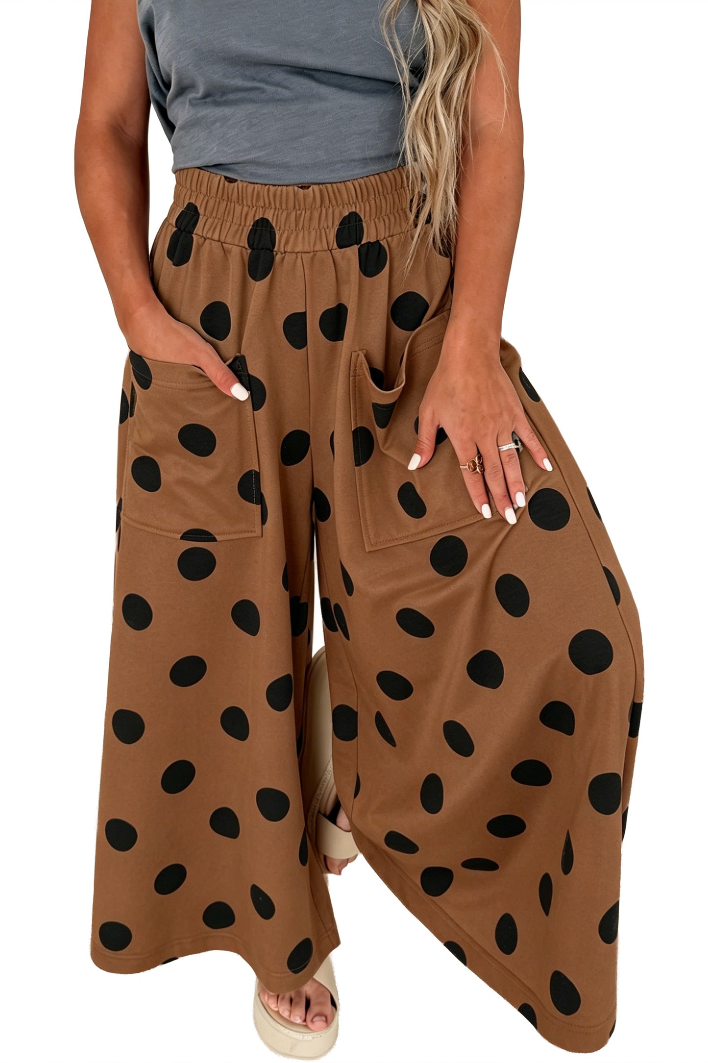 Khaki Polka Dot Wide Leg Elastic Waist Casual Pants