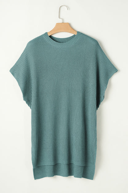 Rose Red Side Slit Short Sleeve Oversized Sweater - Cowaa